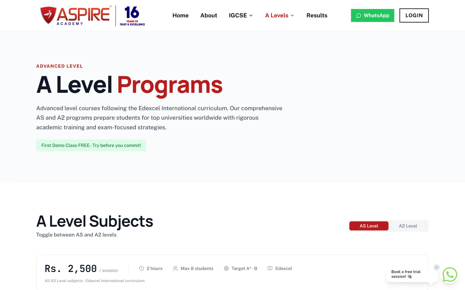 A Level programmes with AS and A2 toggle
