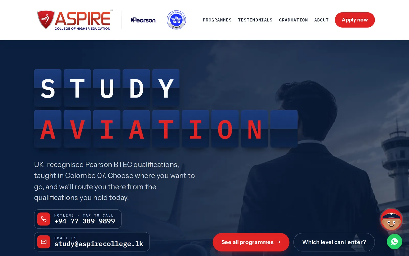Aspire College website home page with a departure-board style headline