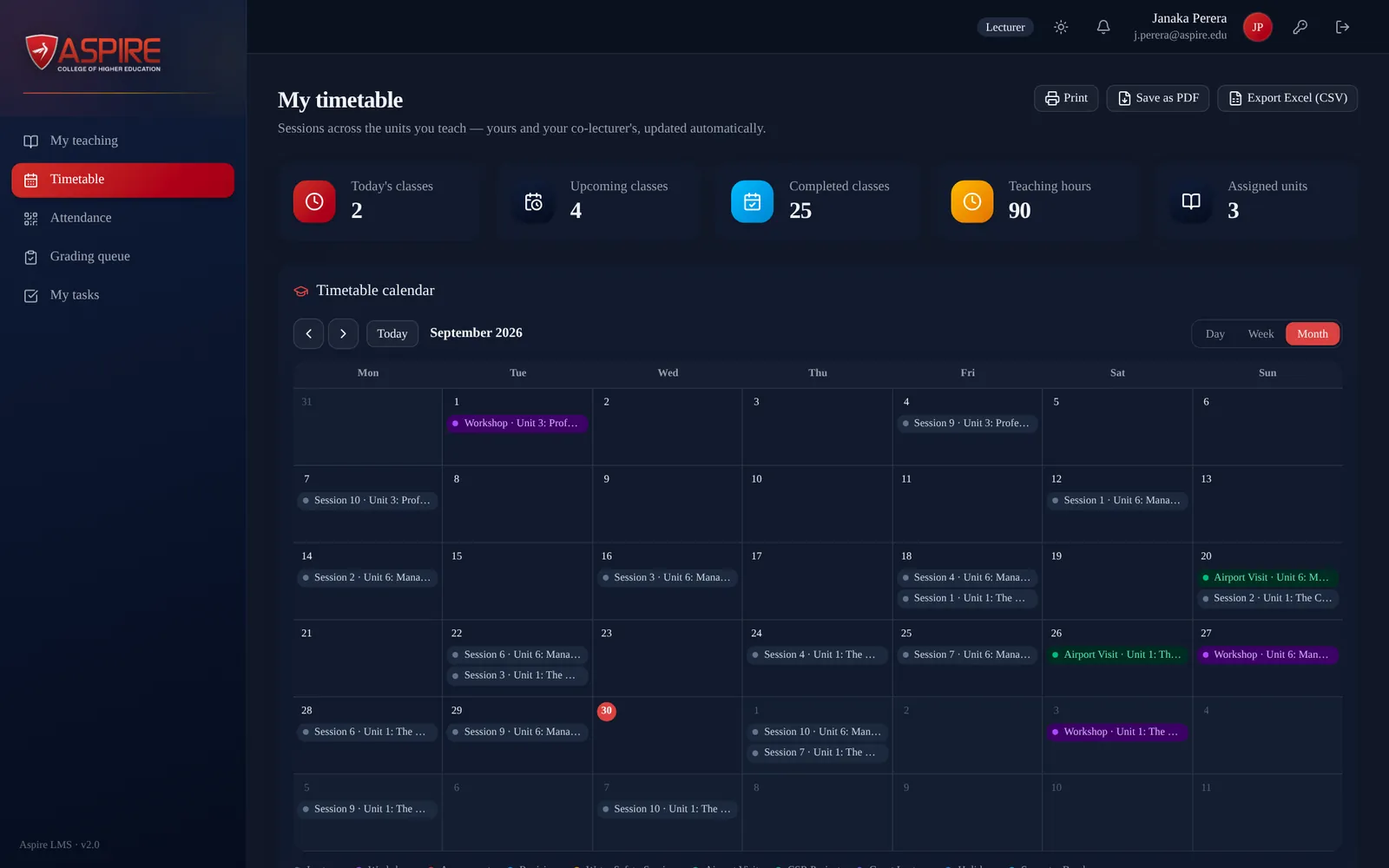 Lecturer timetable calendar in dark theme