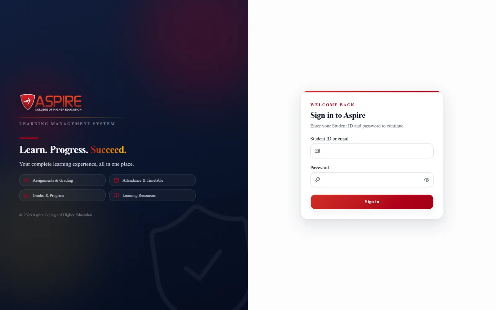 Aspire LMS sign-in page